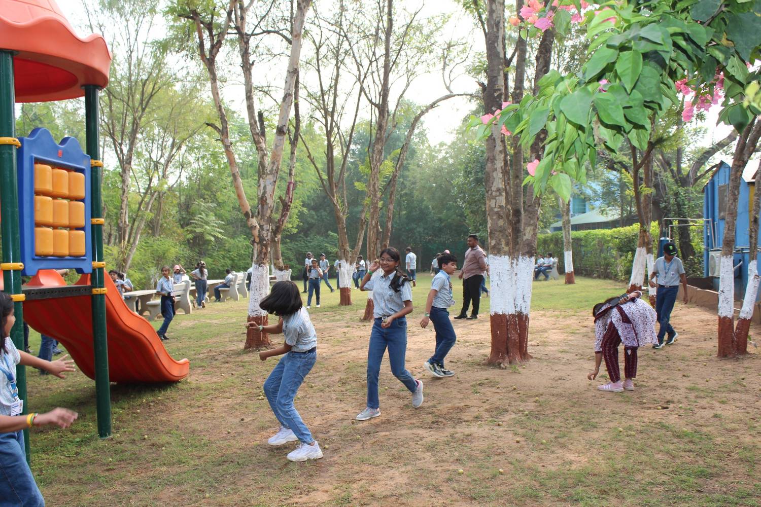 Students playing in resort garden area