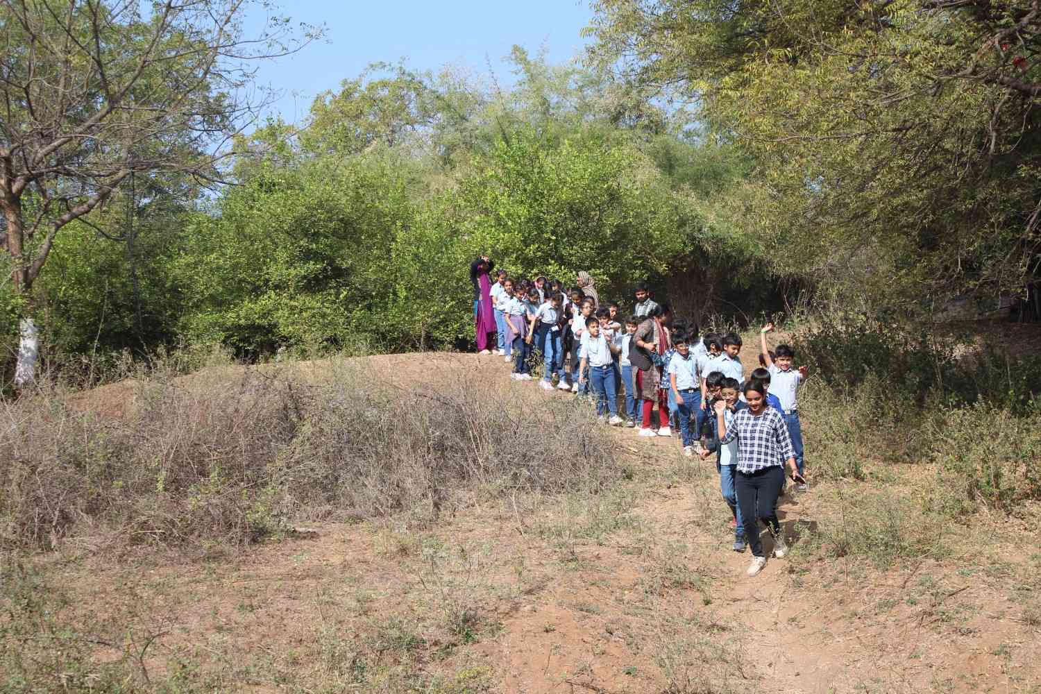 Students trekking up a dirt path in the forest