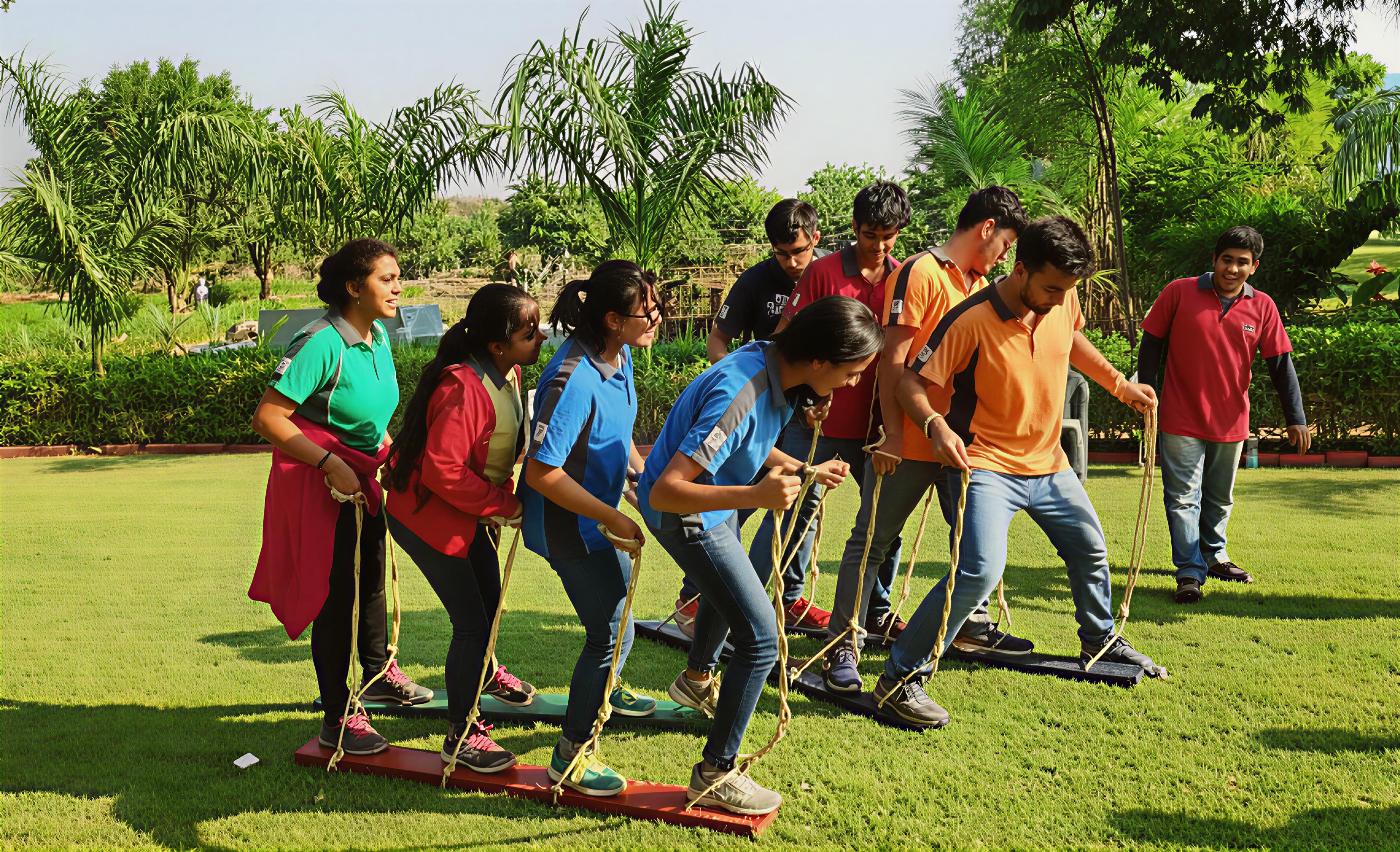 Boys team competing in plank walk coordination game