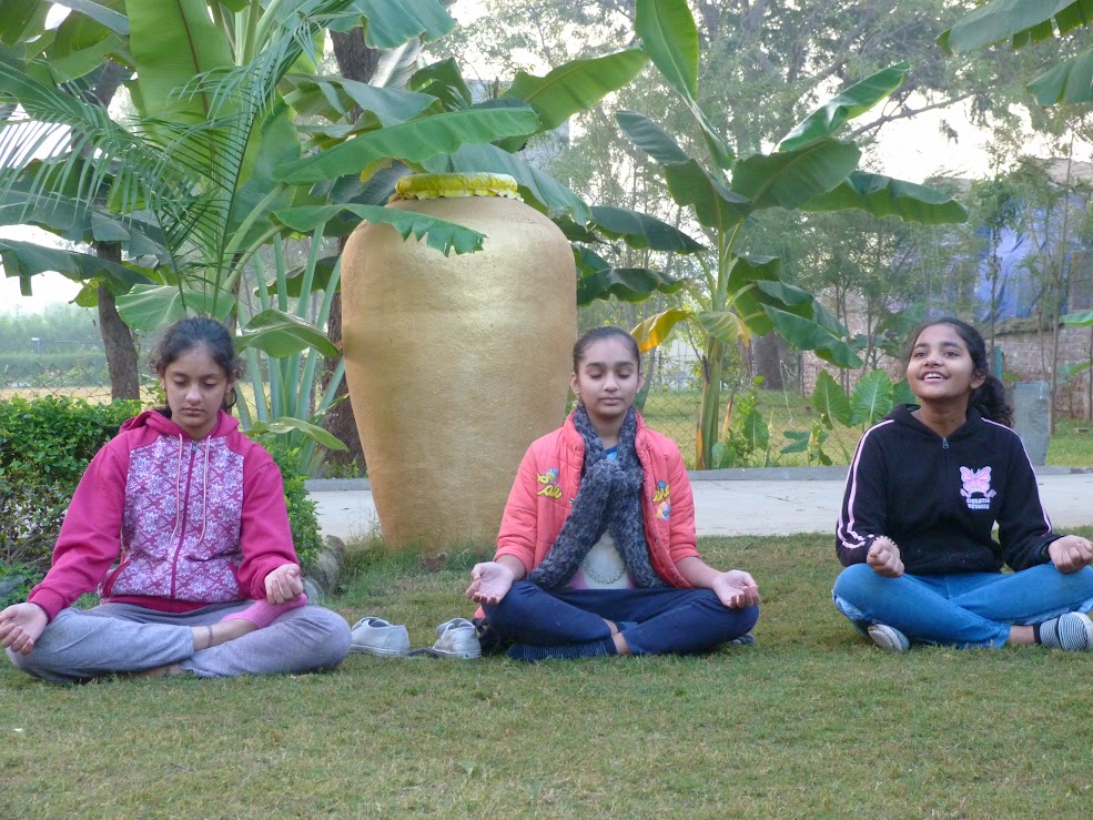 Students practicing meditation in lotus pose on the lawn