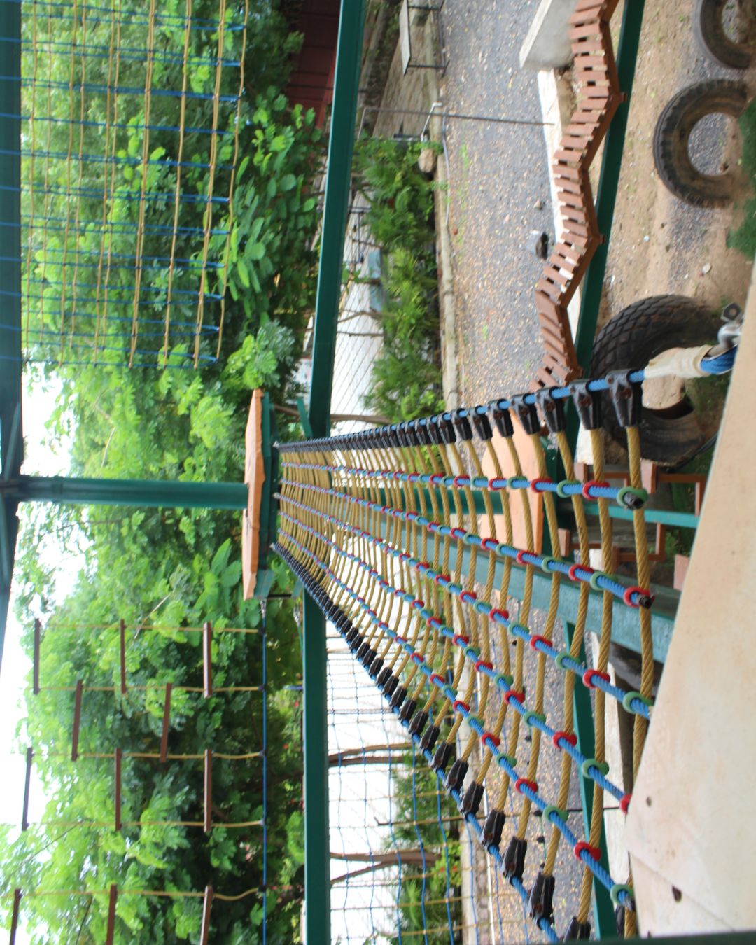 V-shape rope and net bridge crossing adventure